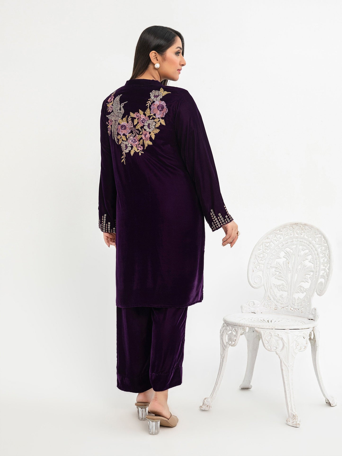 2 Piece Velvet Suit-Embroidered(Pret)