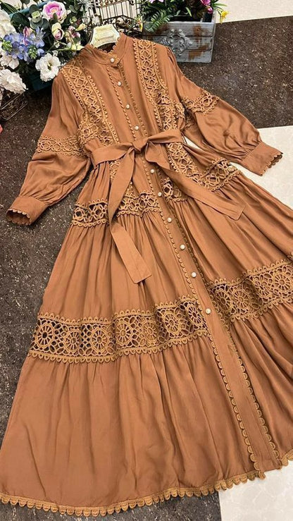Dealistaan Most Demanding Design Stitched Western Style Panel Work Long Frock For Women and Girls