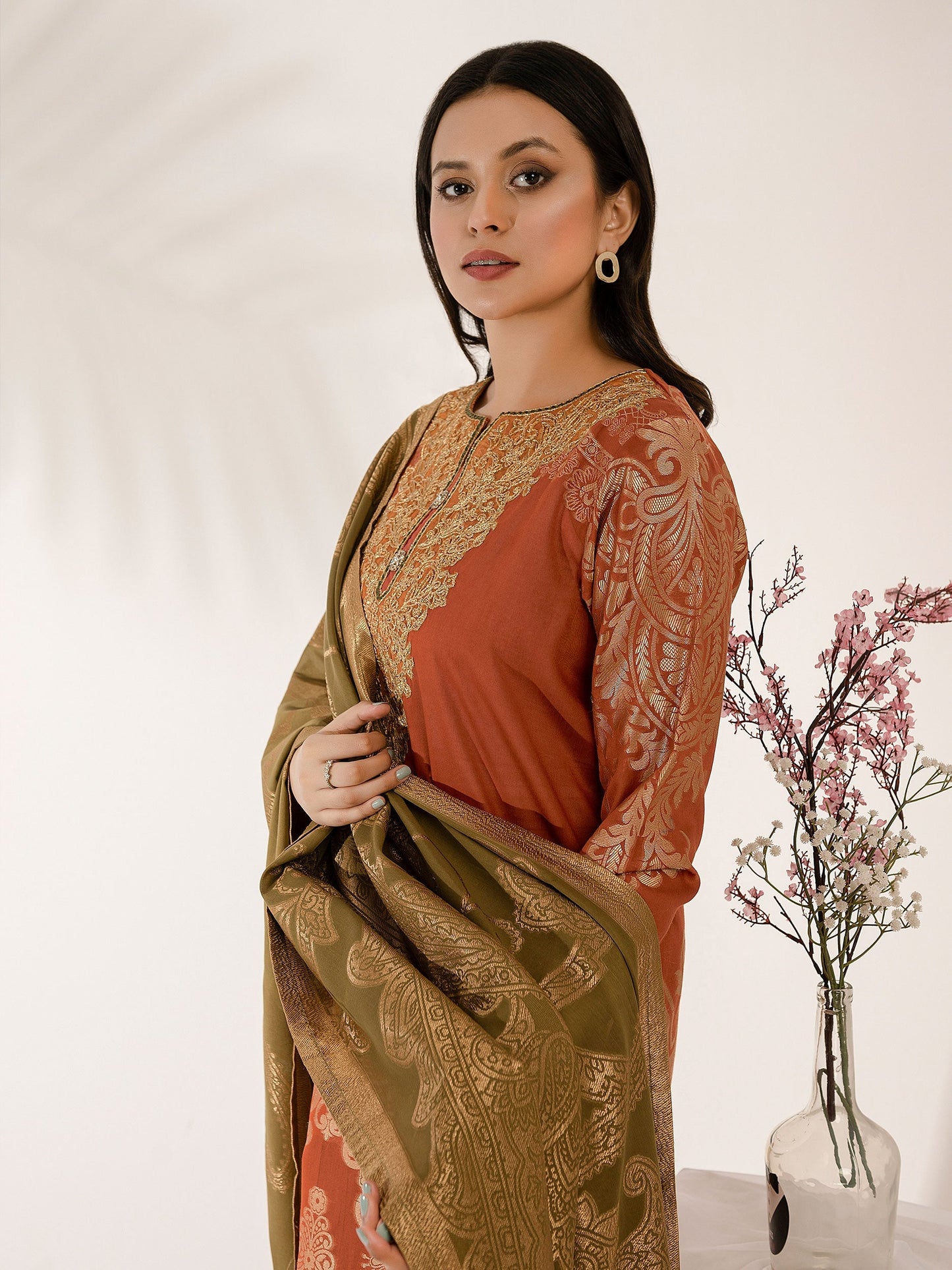 3 Piece Jacquard Suit-Embroidered (Pret)