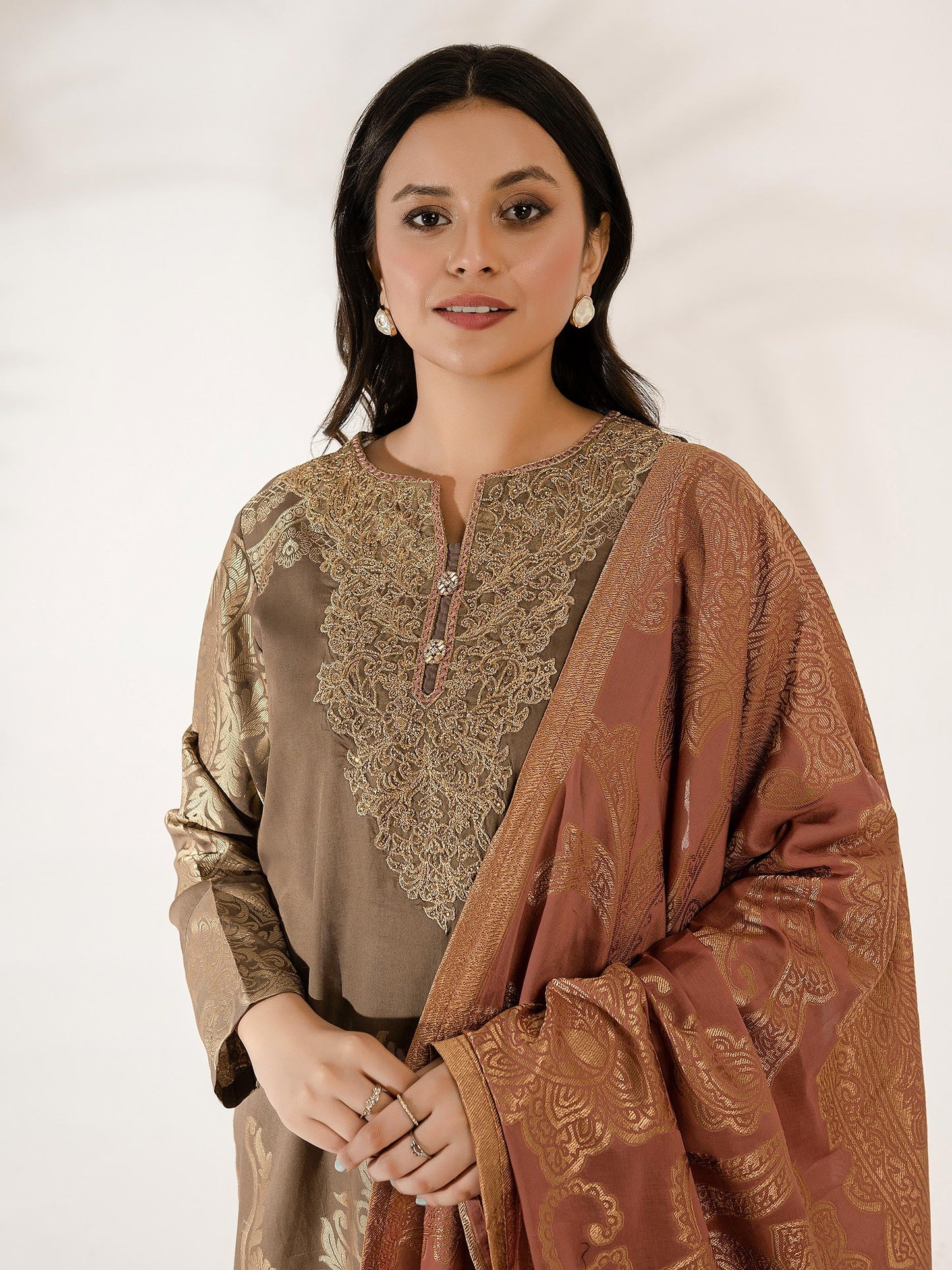 3 Piece Jacquard Suit-Embroidered (Pret)