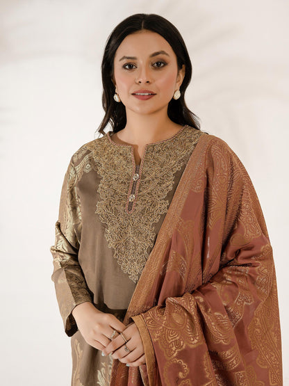 3 Piece Jacquard Suit-Embroidered (Pret)