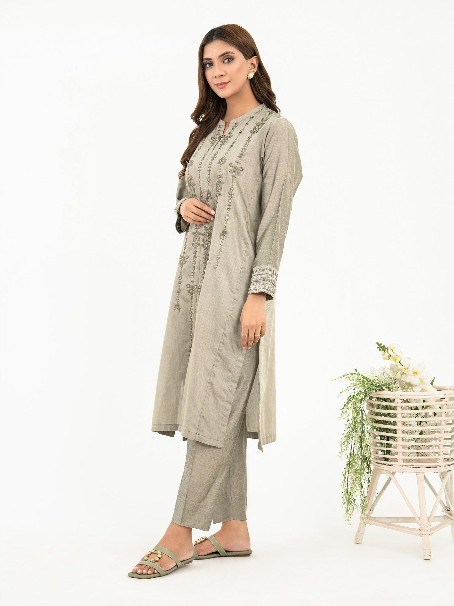 2 Piece Raw Silk Suit-Embroidered (Pret)