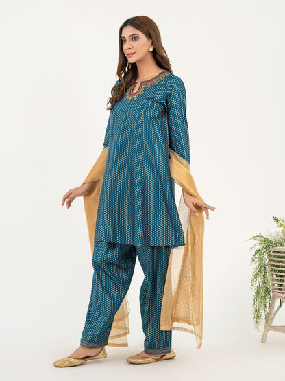 3 Piece Satin Suit-Embroidered (Pret)