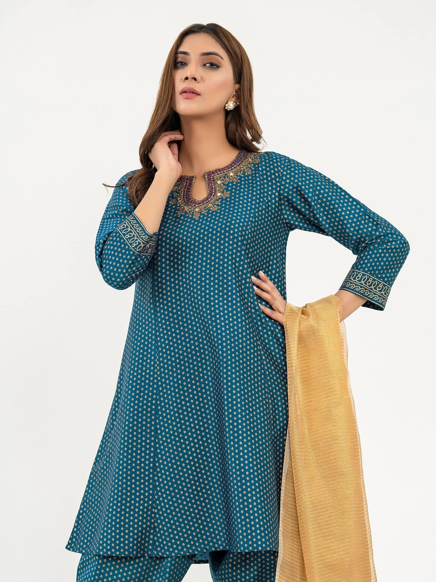 3 Piece Satin Suit-Embroidered (Pret)