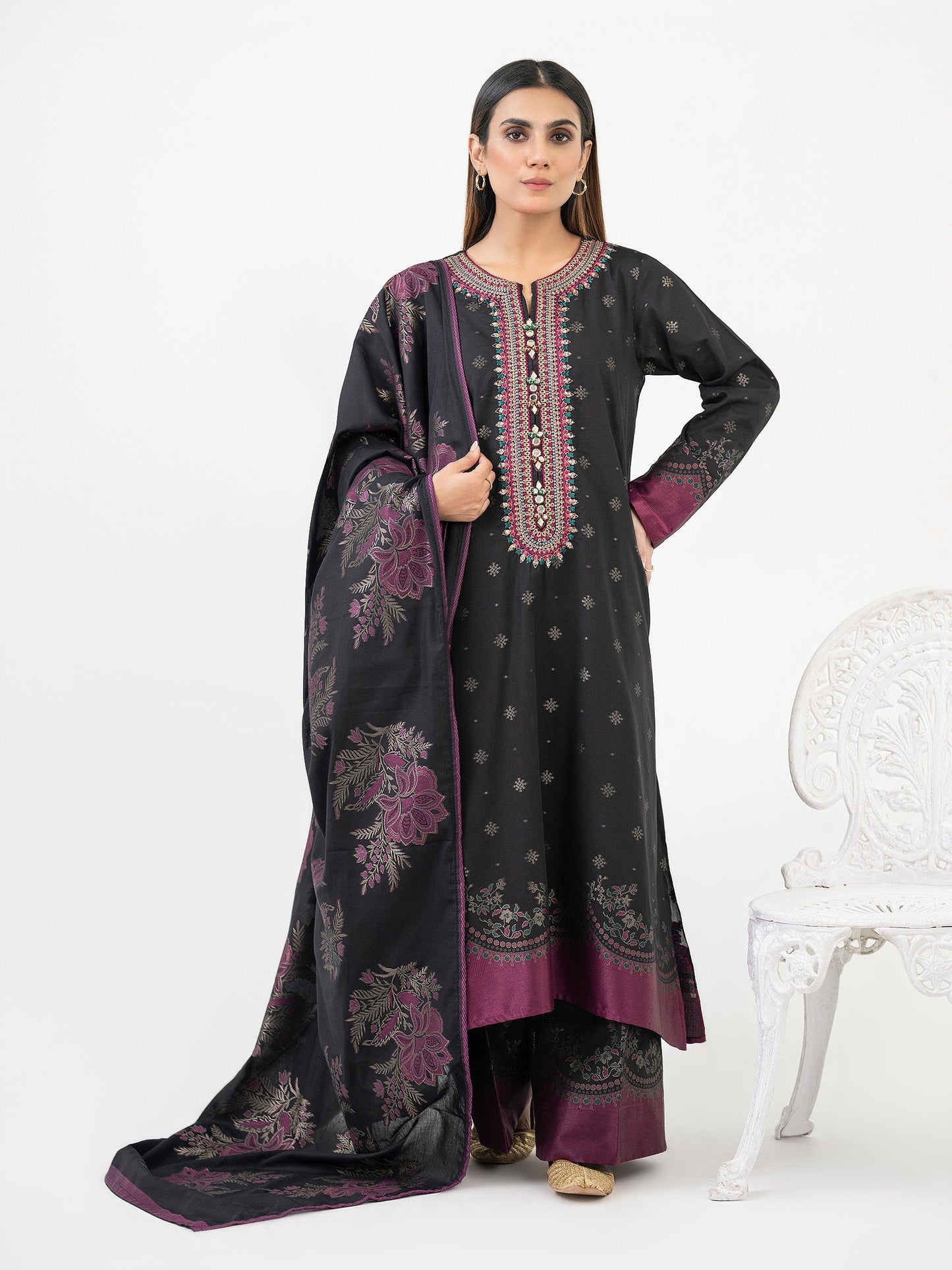 3 Piece Jacquard Suit-Embroidered (Pret)